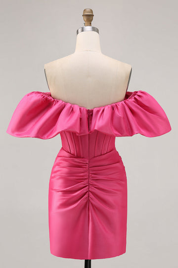 Satin Off The Shoulder Fuchsia Ruffled Tight Cocktail Dress